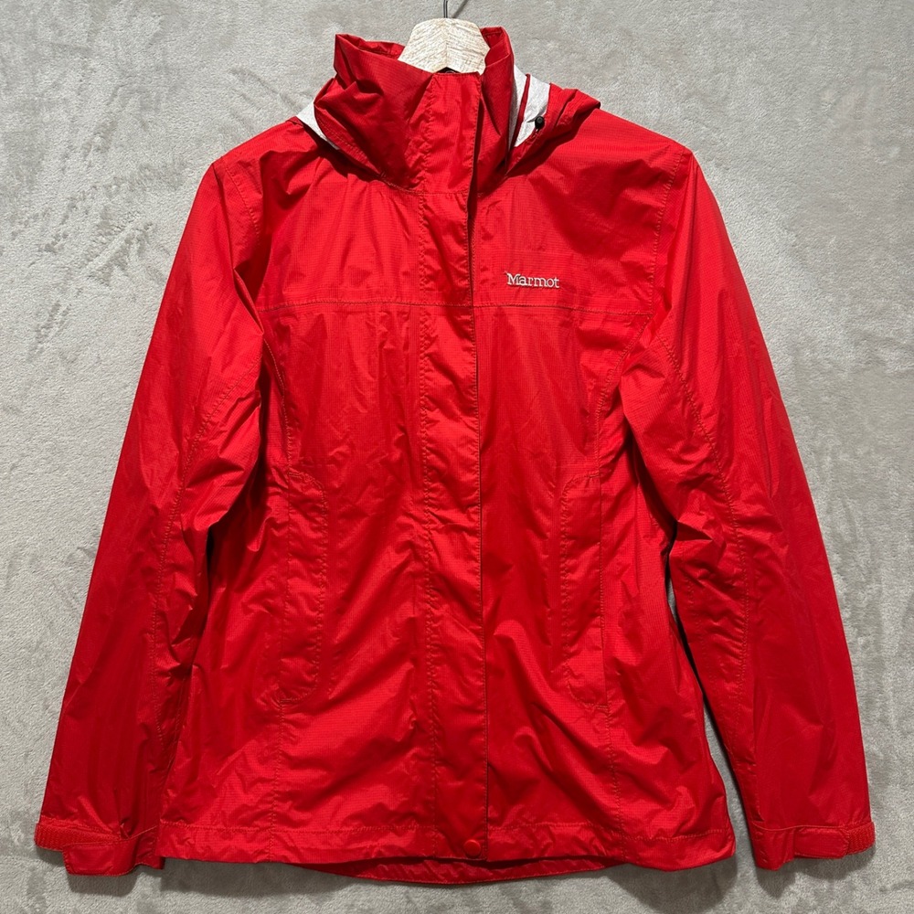 Marmot Womens Precip Eco Jacket Red Hooded Rain Shell Small CC-440
